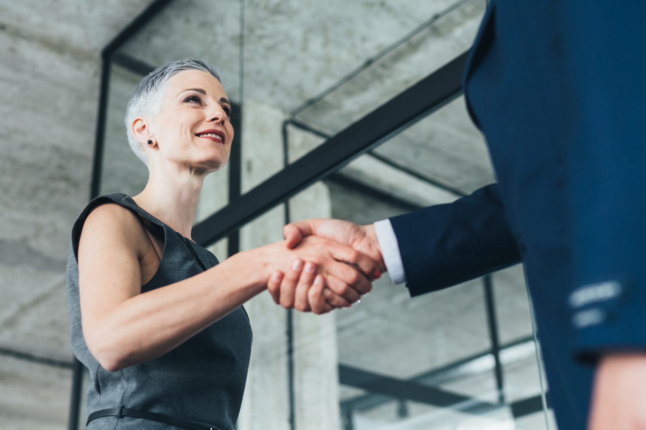 Businesswoman and businessman shaking hands in the office