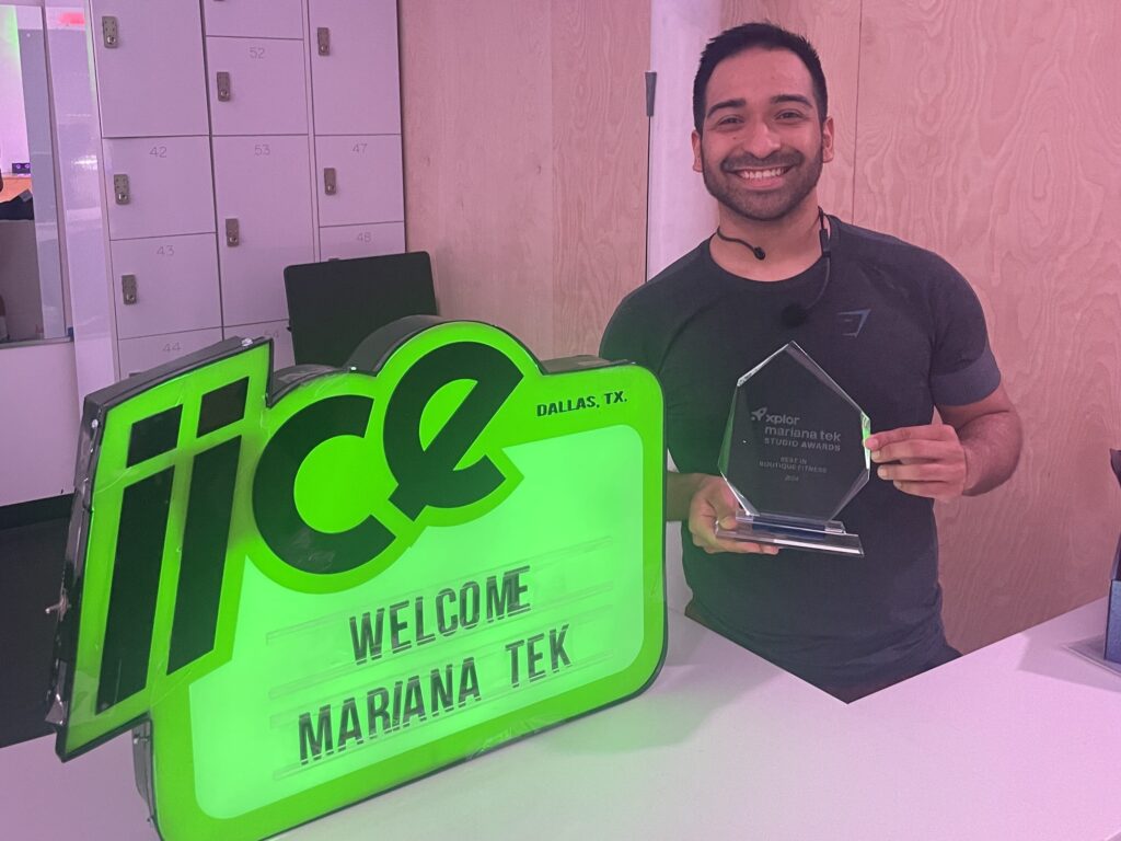 iiCE Fitness in Dallas, TX celebrating Mariana Tek’s Studio Influencer Award, recognizing their leadership and impact in the boutique fitness community